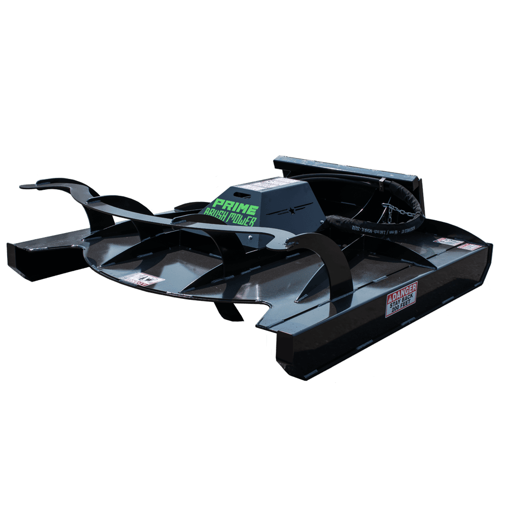 Prime Attachments rigid deck skid steer brush mower attachment left side view designed for mowing heavy grass and brush