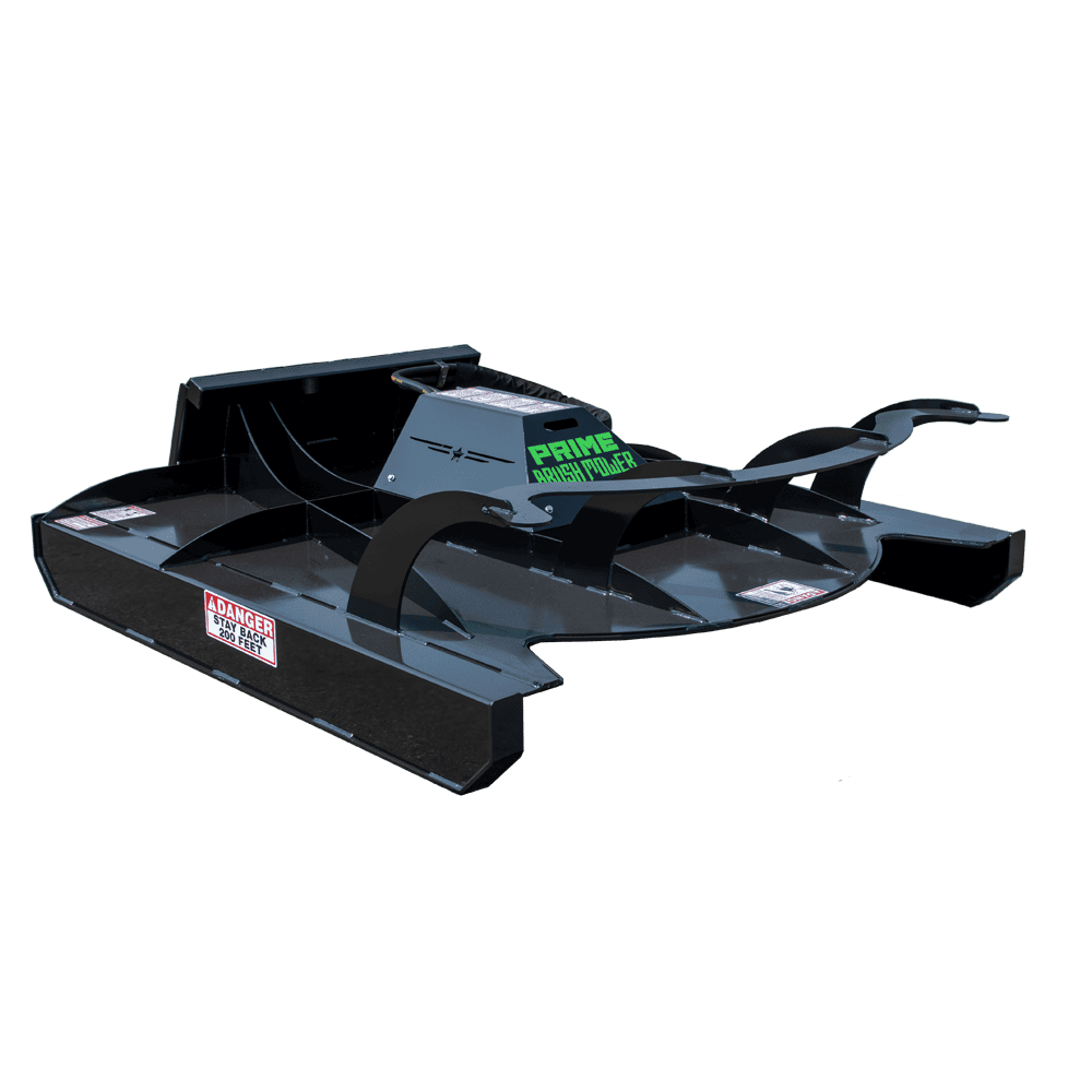 Prime Attachments rigid deck skid steer brush mower attachment right side view with heavy duty cutting deck and motor