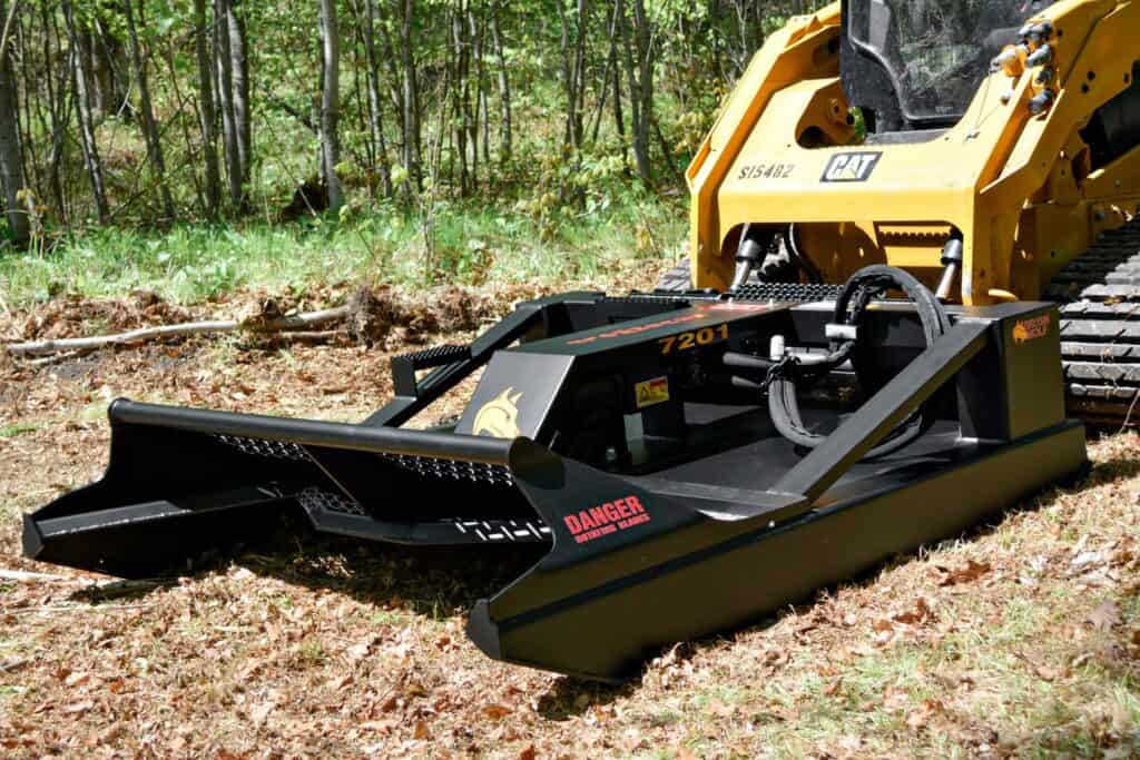 Top view Brush Wolf 7201 open front heavy duty skid steer brush cutter showing deck design and reinforced cutting edges