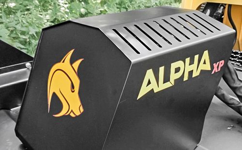 Brush Wolf Alpha XP skid steer brush cutter attachment housing with Alpha branding for land clearing