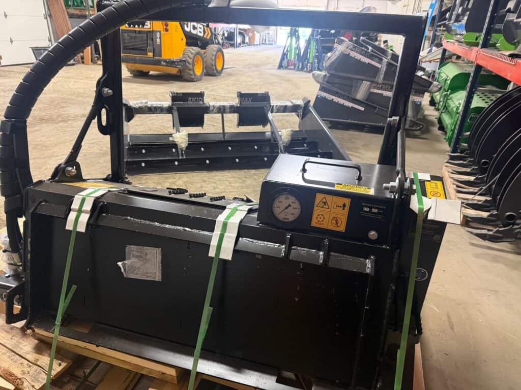 Diamond Mowers DC Pro drum mulcher rear view showing hydraulic connections and mounting plate for skid steer use