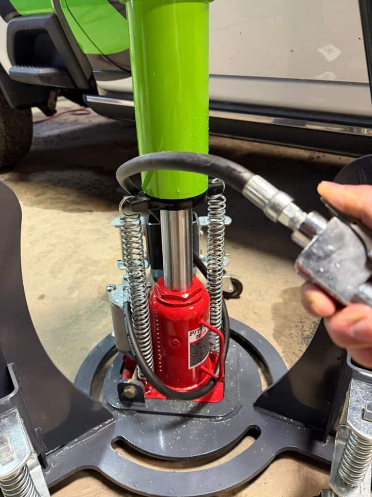 ECHO pneumatic jack air control switch and hose connection showing simple operation and air powered lifting system