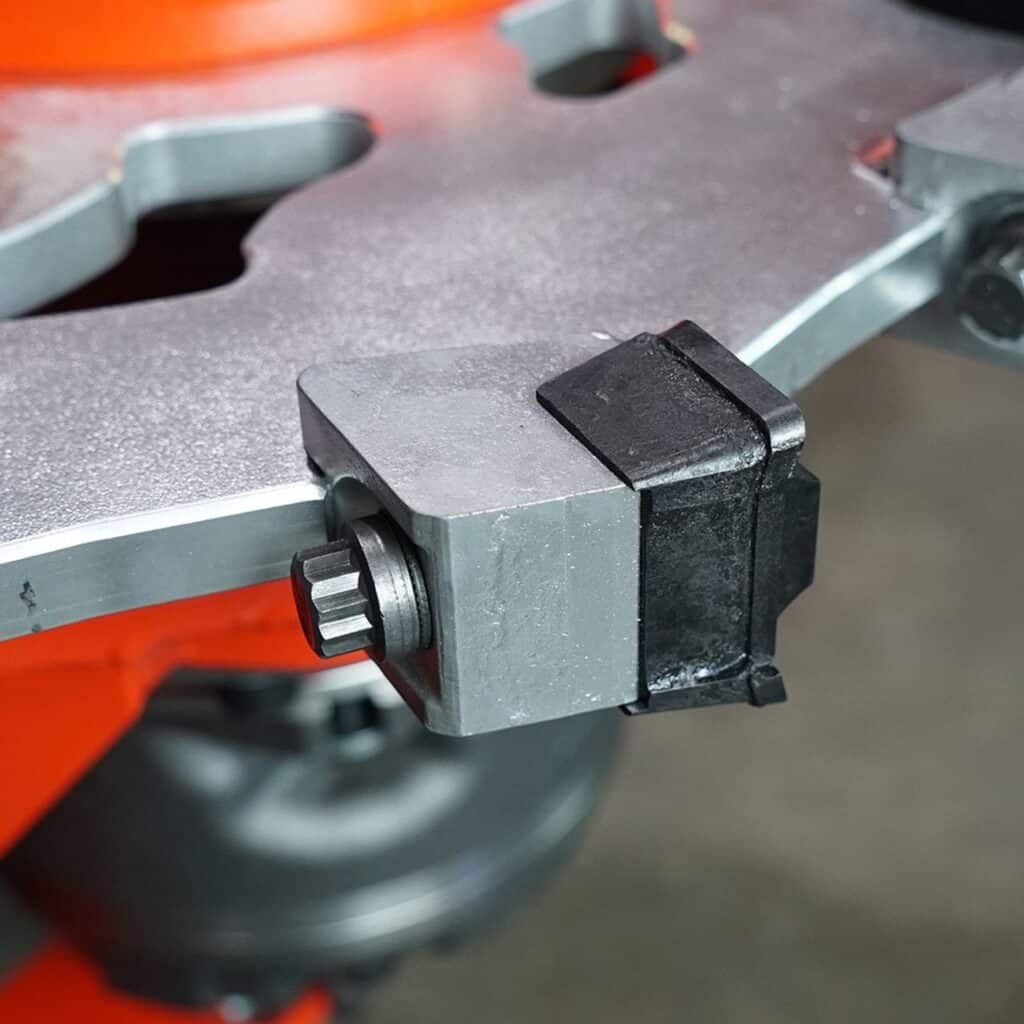 Close up Eterra Vortex skid steer stump grinder housing and cutting wheel mount showing heavy duty steel construction