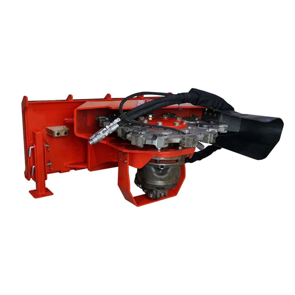 Underside view Eterra Vortex skid steer stump grinder cutting wheel assembly with carbide teeth and hydraulic drive motor