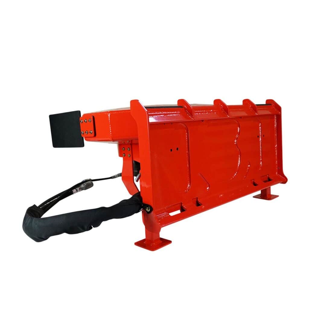 Close up Eterra Vortex skid steer stump grinder wheel assembly and mounting plate for skid steer land clearing attachments