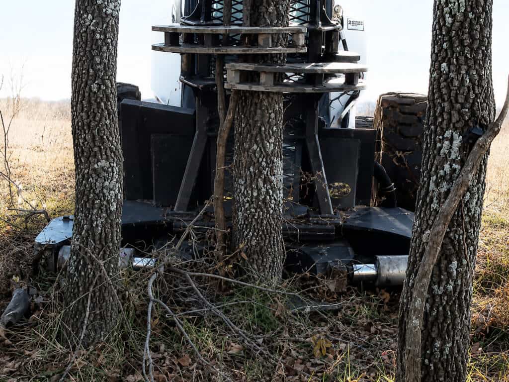 M&M Hydra Clip 16 inch tree shear cutting large tree trunk in wooded area