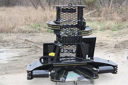 Front view of M&M Hydra Clip 16 inch skid steer tree shear attachment with grapple open