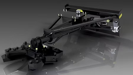 M&M Hydra Nip 6 and a half foot boom tree shear attachment shown on dark background