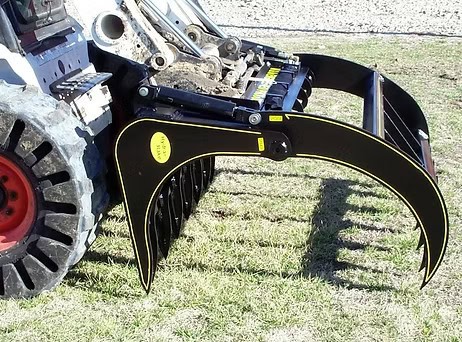 Side profile of M&M Hydra Rake Extreme grapple rake attachment with open claws