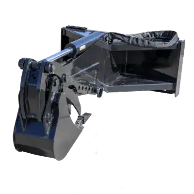 Prime Attachments skid steer backhoe center view showing reinforced frame and hydraulic arm design for heavy digging