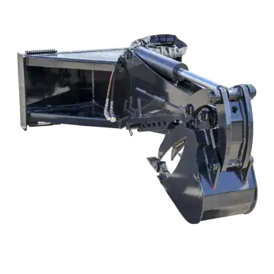 Prime Attachments skid steer backhoe front angle showing bucket linkage and pivot points for controlled excavation