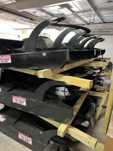 Prime Attachments direct drive skid steer brush mower side view highlighting reinforced deck, front protection, and in stock