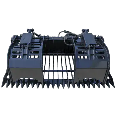 Prime Attachments skid steer grapple front view showing open clamp design for handling logs, brush, and bulky debris