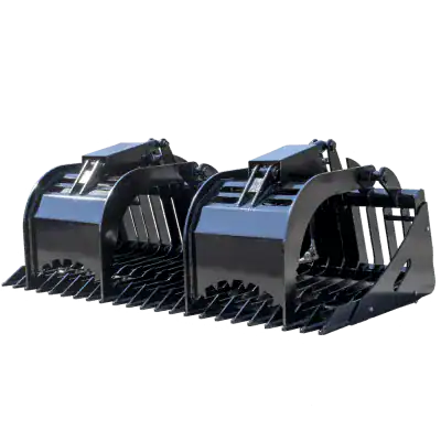 Prime Attachments skid steer grapple right view showing width of the grapple