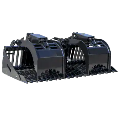 Prime Attachments skid steer rock and brush grapple angled view showing heavy duty frame and hydraulic cylinders