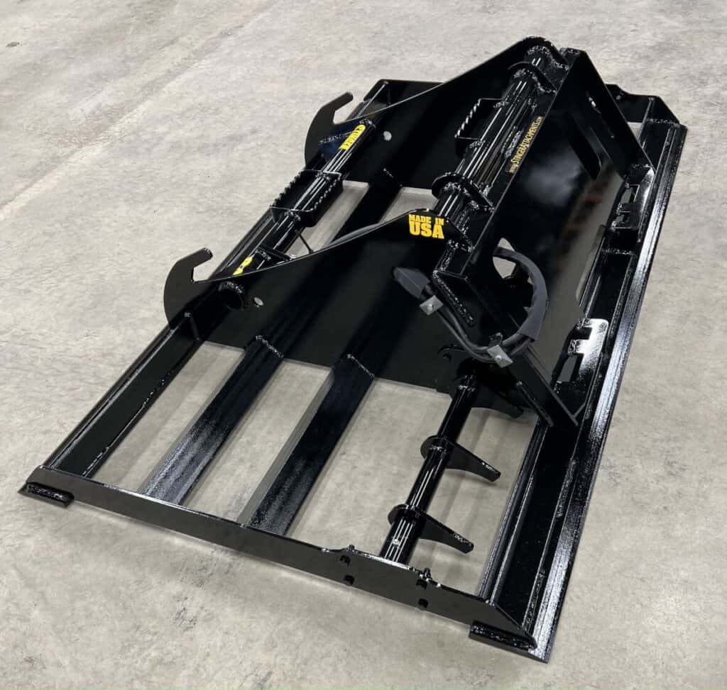 Stinger LP skid steer land plane left view showing dual blade setup and heavy duty construction