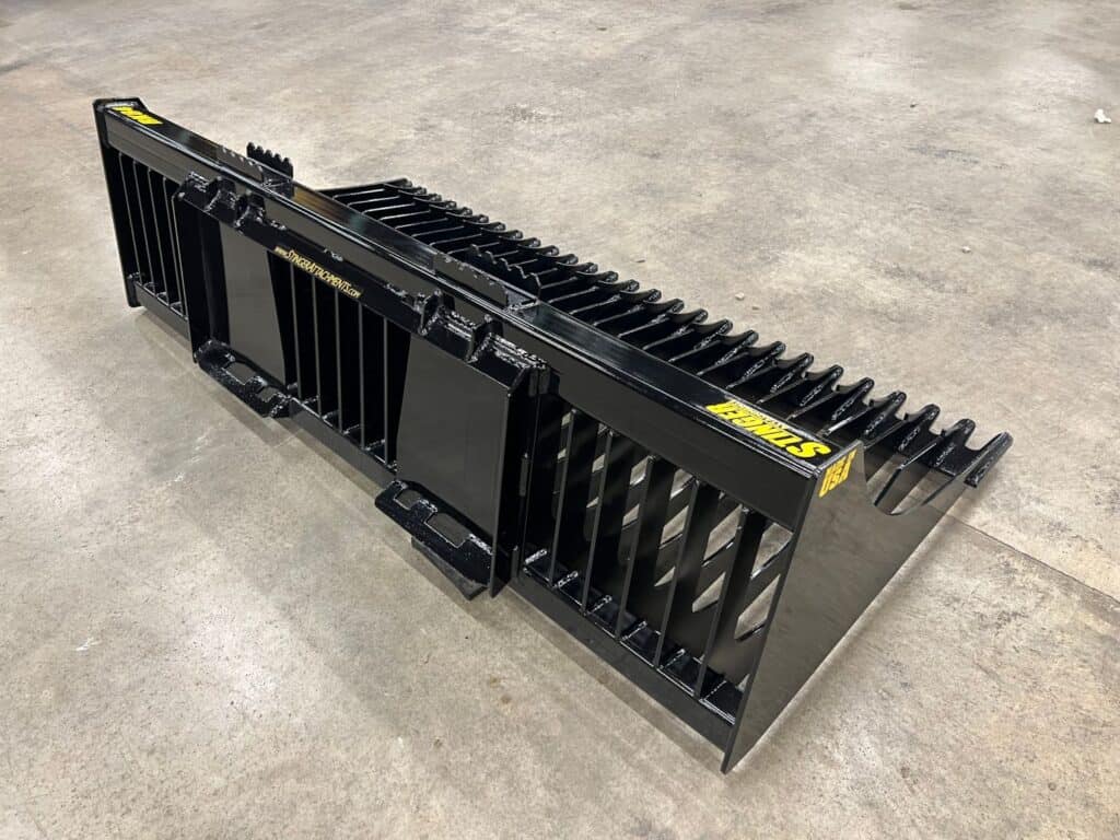 Stinger RK rock bucket for tractor rear angle view showing curved tine design for separating rocks from soil
