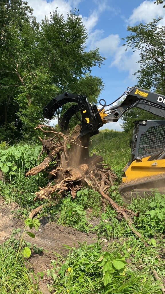 Close up of Stinger skid steer root grapple attachment lifting brush and tree roots