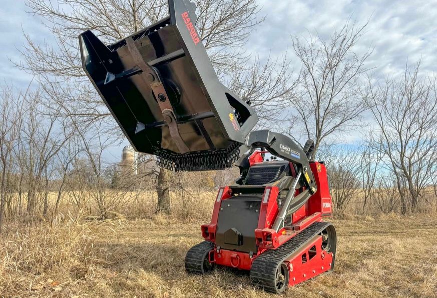 Mini skid steer brush cutter attachment lifting deck for maintenance access