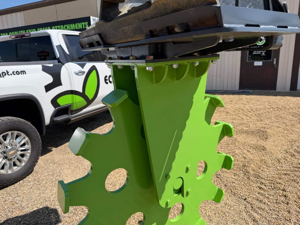 Close-up of the upper mount and reinforced frame on the ECHO 48 inch skid steer compaction wheel