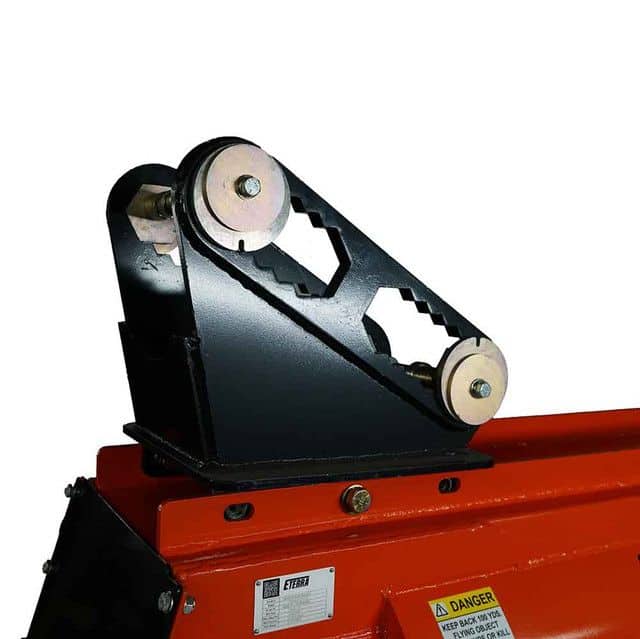 Eterra EX-40 excavator flail mower attachment drive motor housing showing heavy duty steel construction