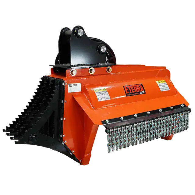 Eterra EX-30 excavator flail mower angled view showing reinforced housing and cutting head design