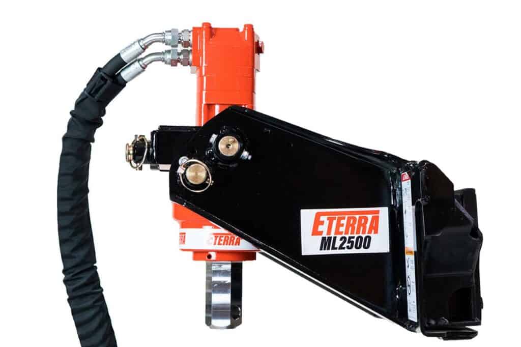 Eterra mini skid steer auger drive attachment with hydraulic motor for drilling post holes and foundation holes