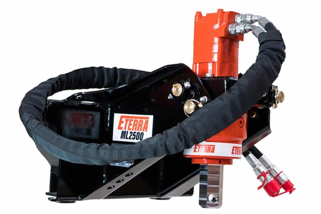 Eterra mini skid steer auger drive attachment with hydraulic motor and hose protection