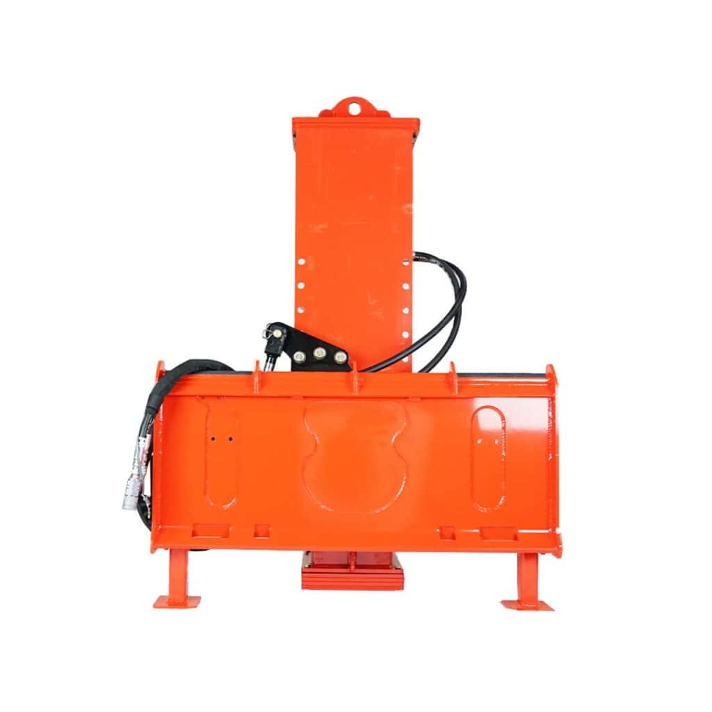 Eterra PDX-1000 skid steer hydraulic post driver attachment isolated on white background showing mounting plate and hammer