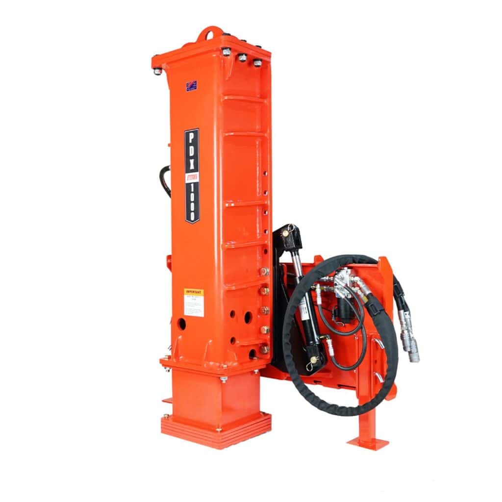 Rear angle Eterra PDX-1000 skid steer post driver attachment with hydraulic hoses and mounting frame