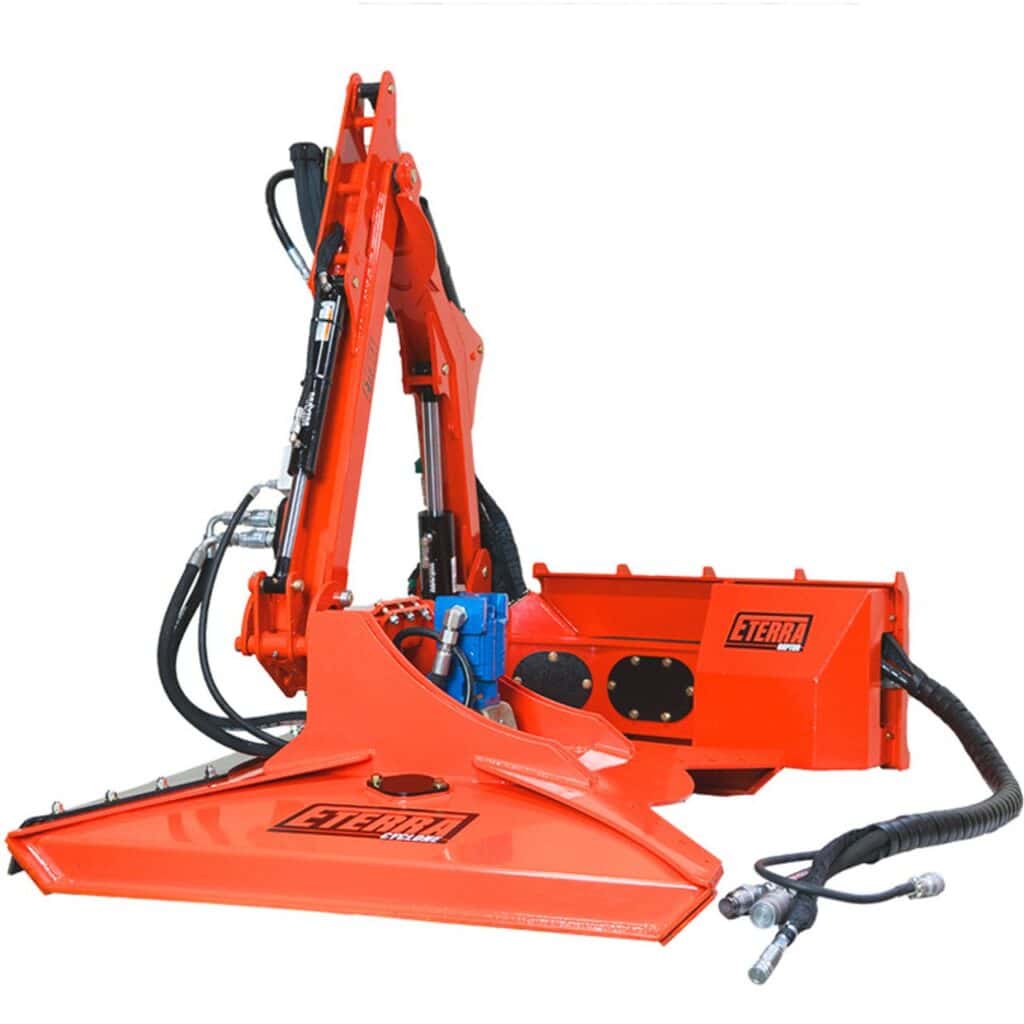 Eterra Raptor skid steer boom mower attachment with hydraulic boom arm for vegetation control