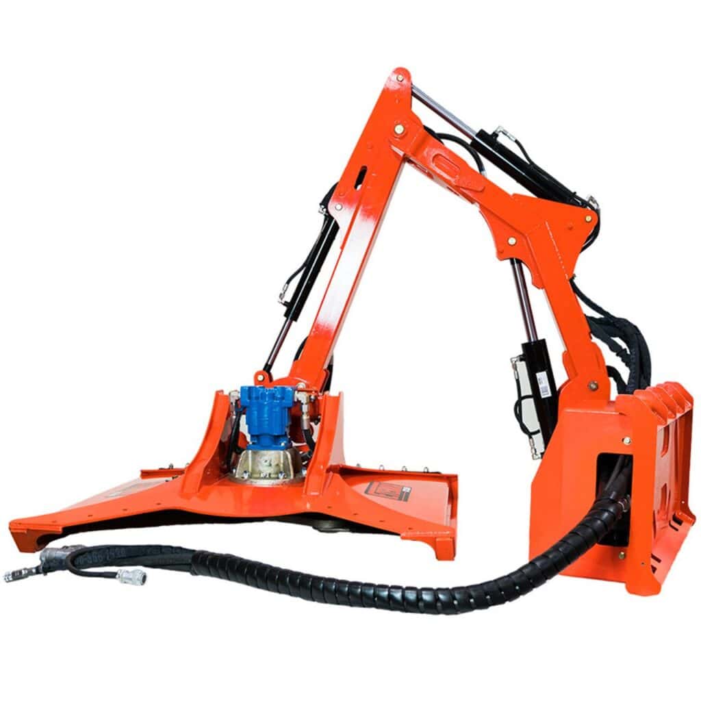 Eterra Raptor skid steer boom mower attachment extended for roadside brush cutting