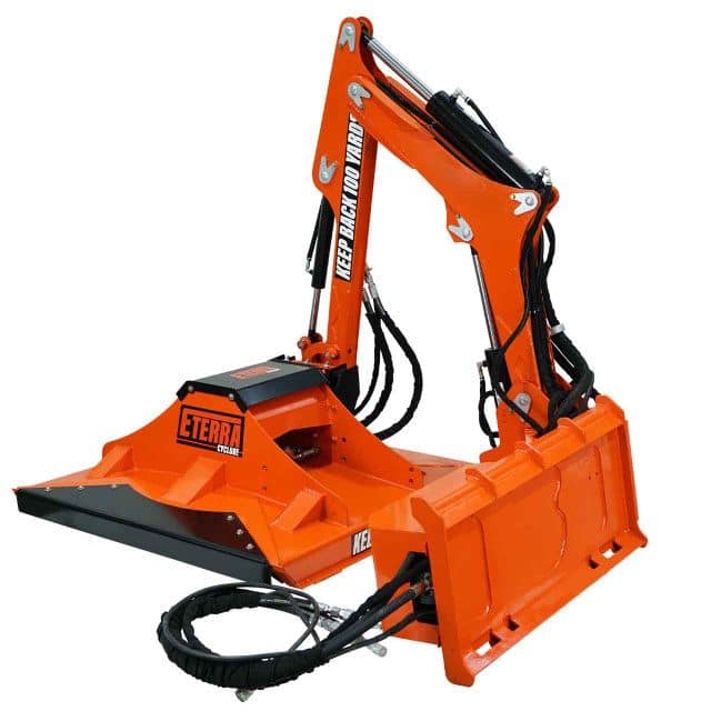 Eterra Raptor boom arm with cyclone mower attachment showing compact design and extended reach capability