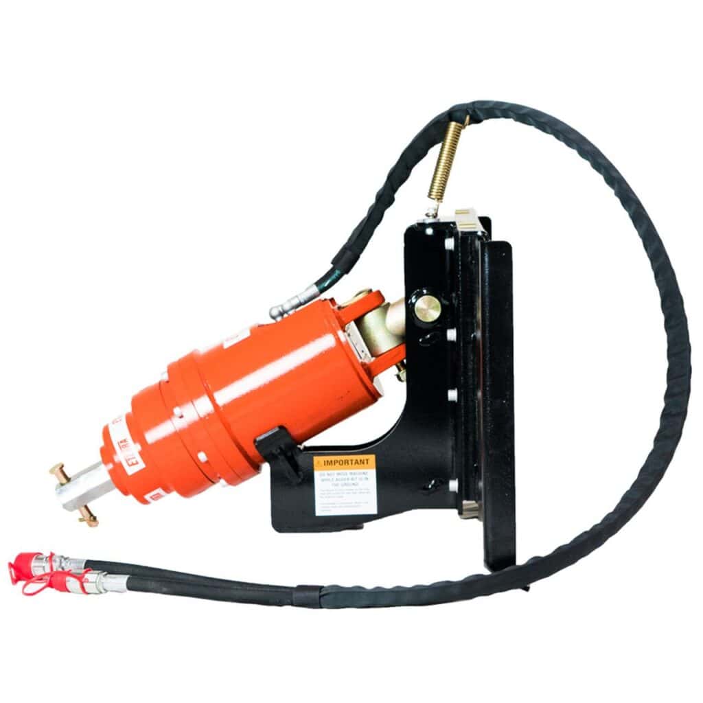 Side view of Eterra skid steer auger drive attachment with hydraulic motor