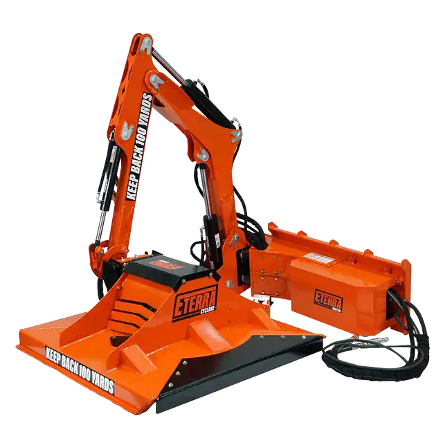 Eterra Raptor skid steer boom arm isolated view showing full arm reach and attachment mounting capability