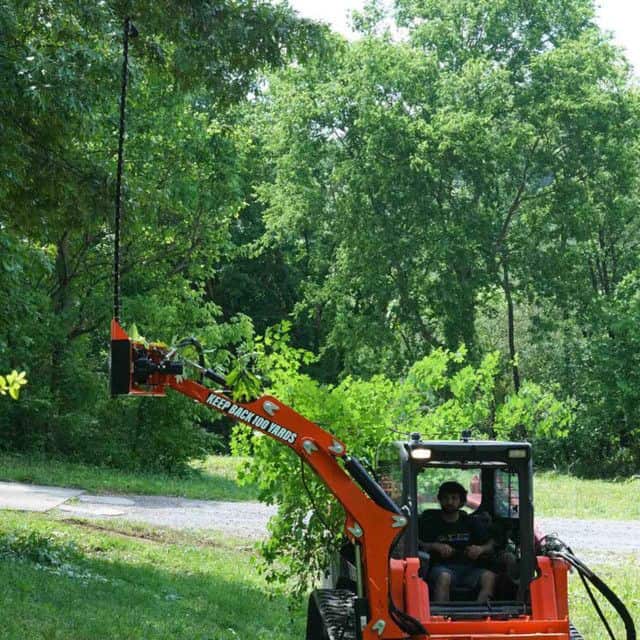 Eterra Raptor boom arm mounted sickle bar mower clearing vegetation in wooded area showing controlled cutting