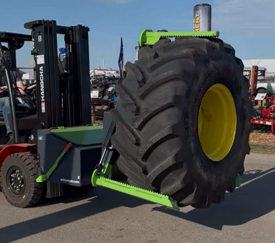 ECHO X3FL forklift tire grabber attachment lifting oversized John Deere tractor tire for transport