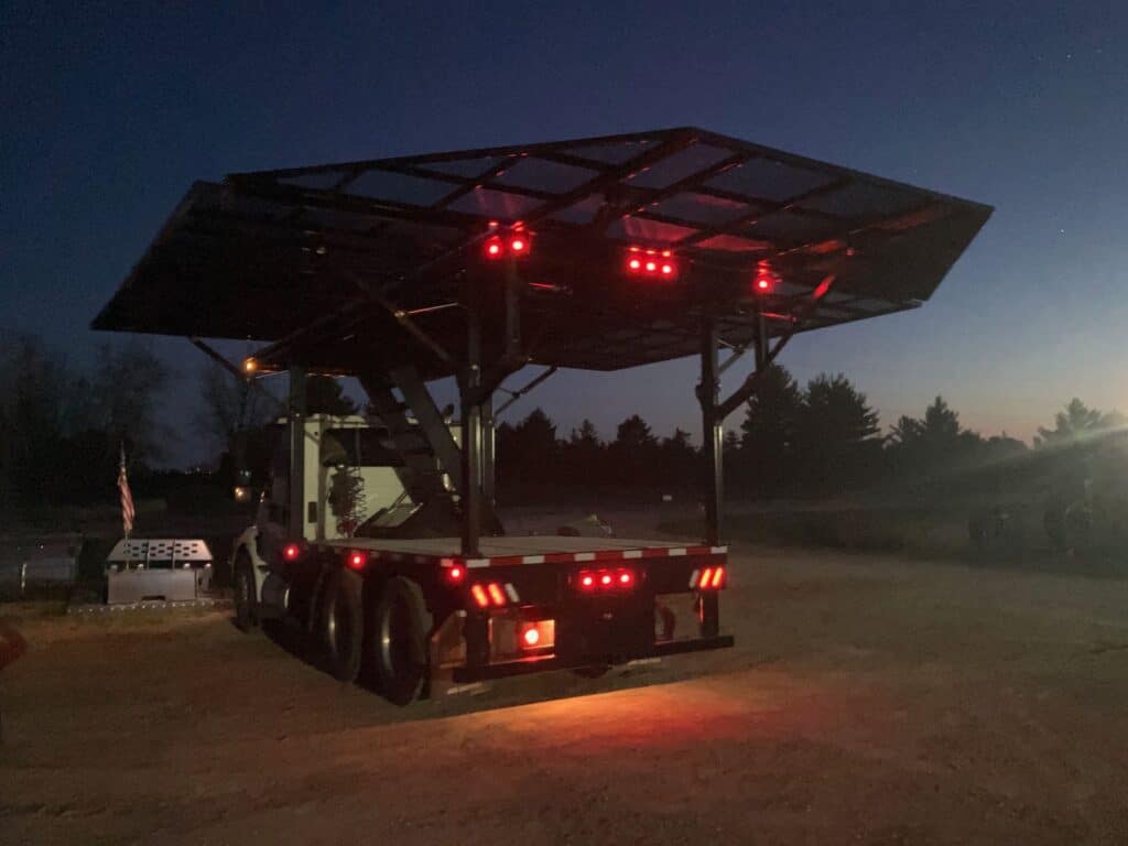 ECHO SS Drone Skid semi tractor drone platform with LED lighting operating at night