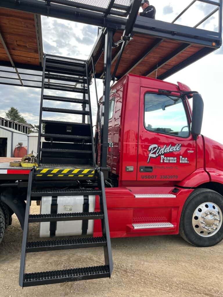 Close up ECHO SS Drone Skid ladder and platform deck mounted on semi truck