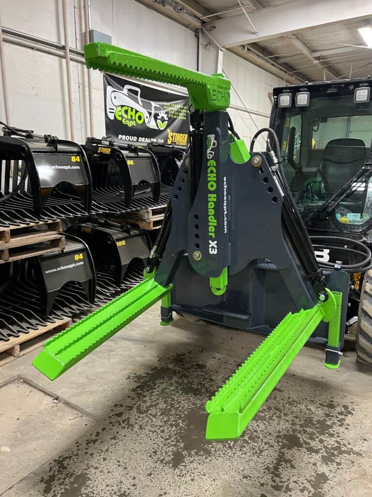 ECHO Handler X3 skid steer tire grabber attachment for handling large tractor and combine tires
