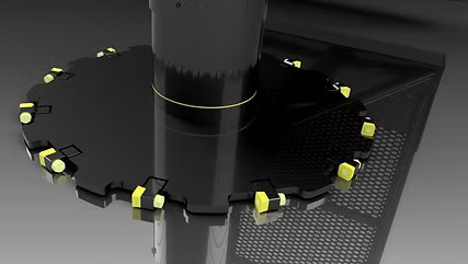 Close up of carbide cutting teeth on M&M Hydra Saw skid steer tree saw disc