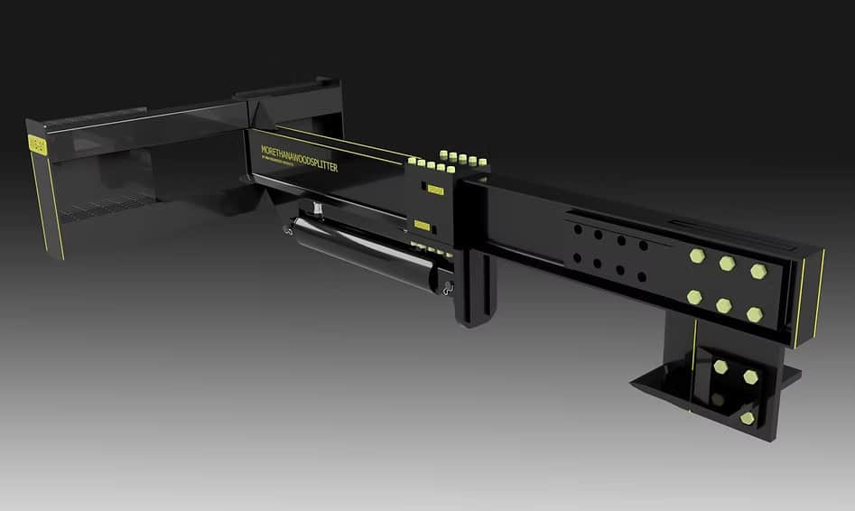 CAD rendering of M&M Hydra Split skid steer log splitter attachment with hydraulic beam