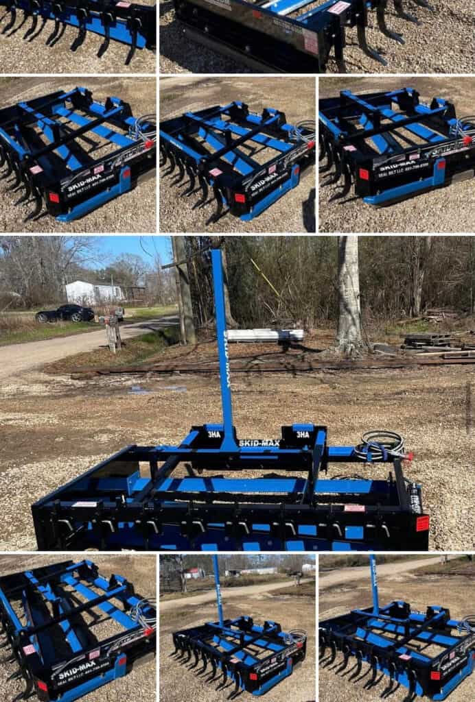 Image collage of blue Skid Max 3 blade hydraulic skid steer grader attachment