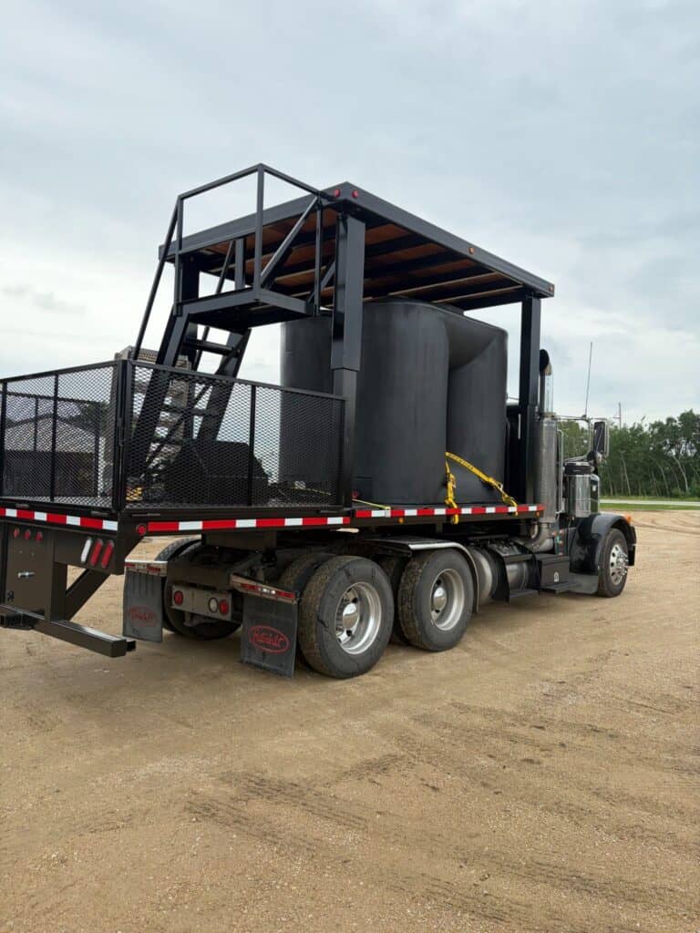Rear right tank view of SS Heli Skid helicopter landing platform for semi trucks