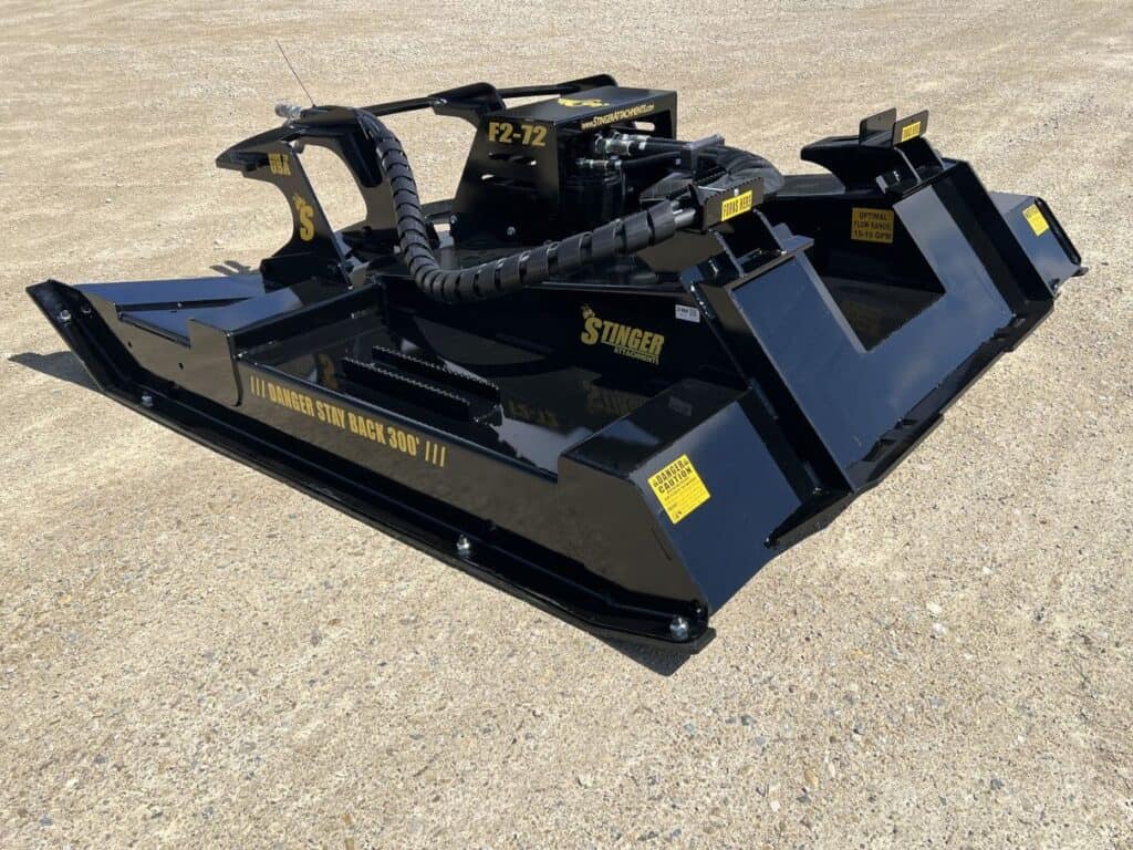 Rear left view of Stinger Twister F2 skid steer brush cutter with radial piston motor