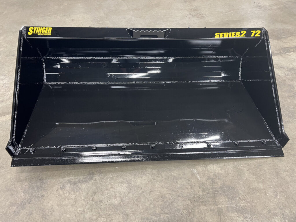 Stinger Series 2 72-inch skid steer bucket straight front view showing deep floor, reinforced back and cutting edge