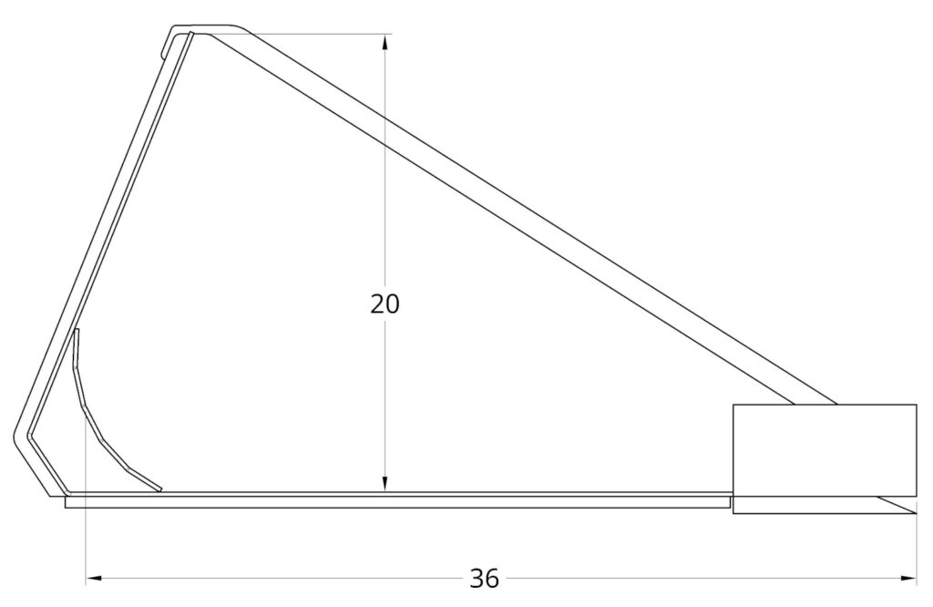 Stinger Series 2 skid steer bucket side profile diagram showing 20-inch height and 36-inch bucket depth