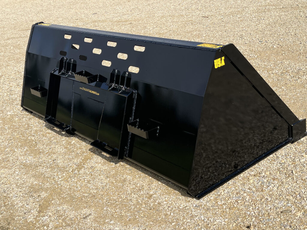 Rear right side view of Stinger SNB skid steer snow bucket showing quick attach mount and reinforced bucket construction