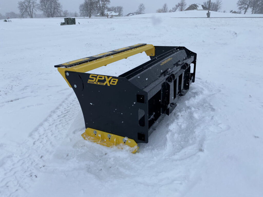 Stinger SPX8 snow pusher rear mounting side with heavy-duty frame and yellow wear edges