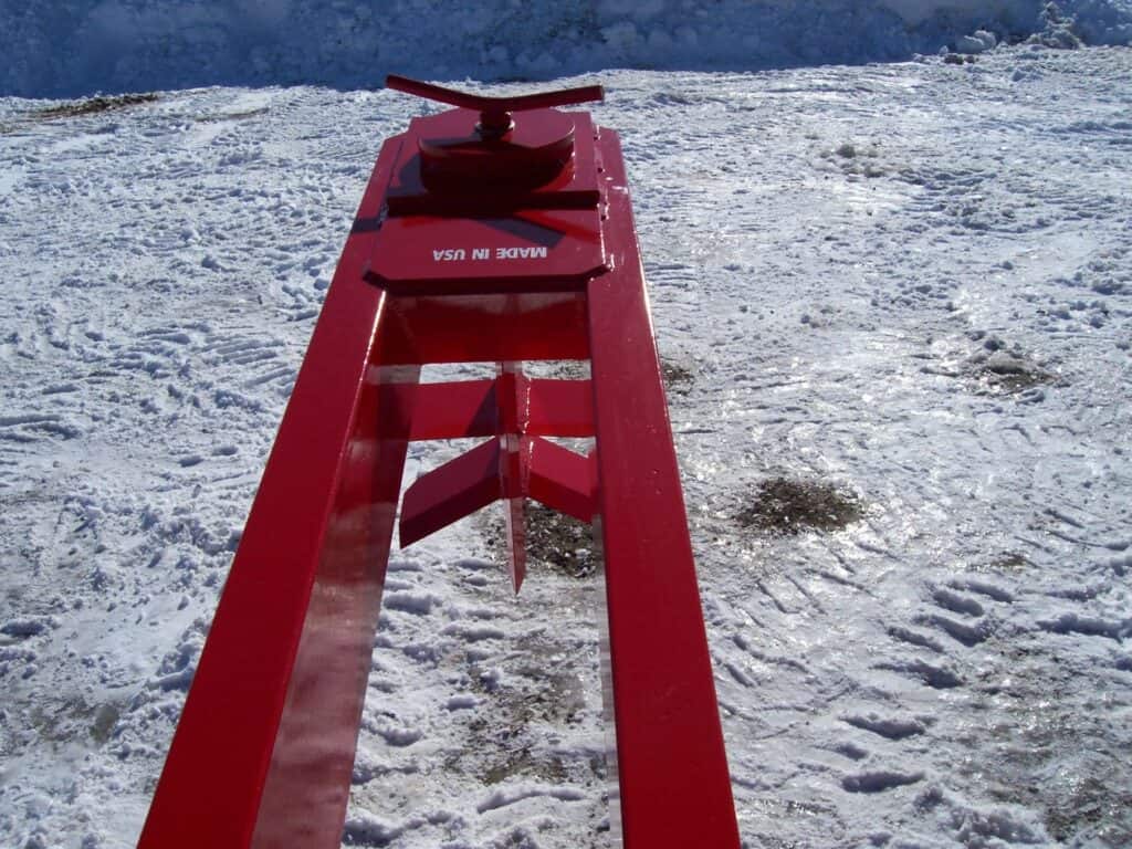 Operator view looking down the beam of TM Manufacturing Pro 2 skid steer log splitter